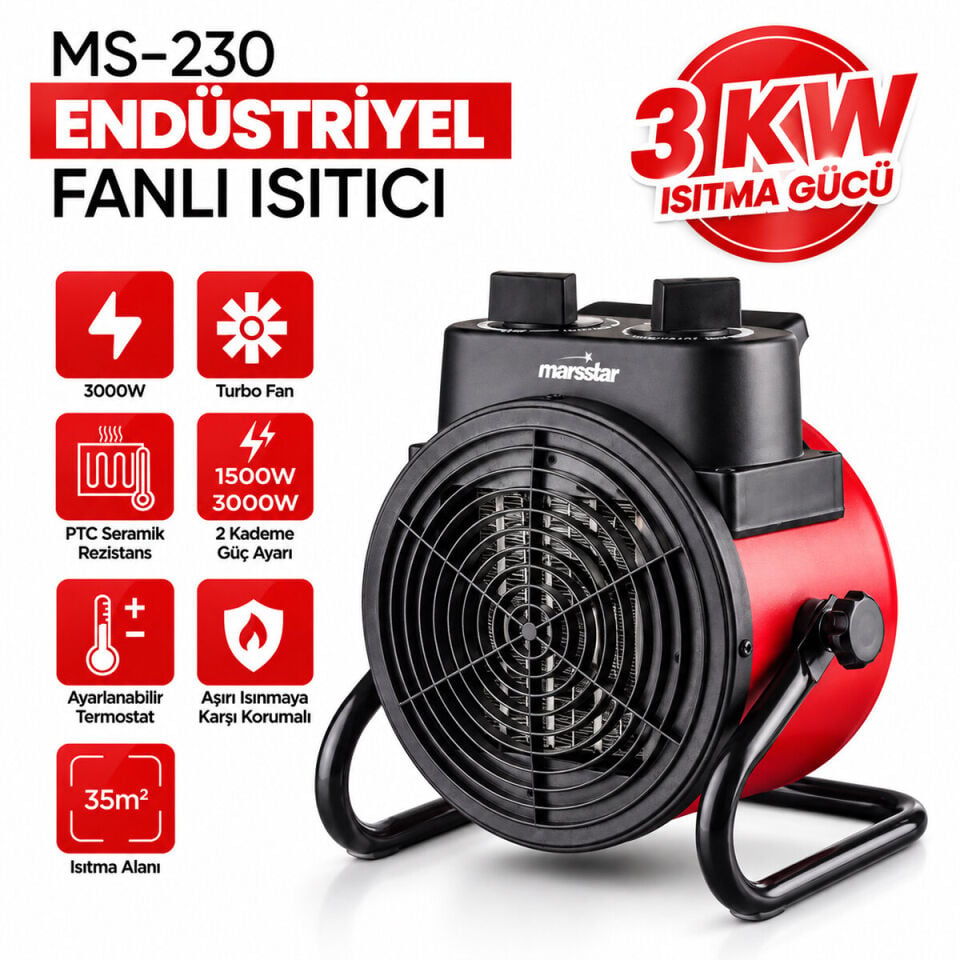 Marsstar MS-230 Ptc Seramik Rezistans Endüstriyel Fanlı Elektrikli Isıtıcı Soba