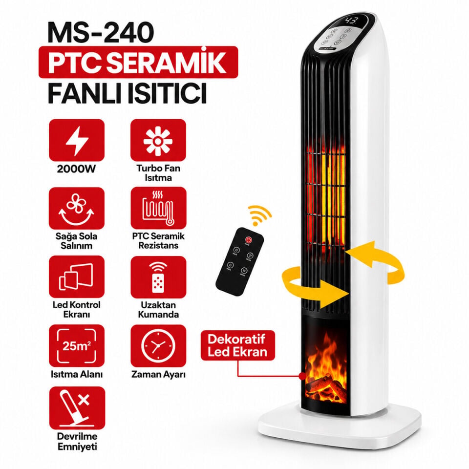 Marsstar MS-240 Ptc Seramik Fanlı Elektrikli Kumandalı Isıtıcı Soba 2000W