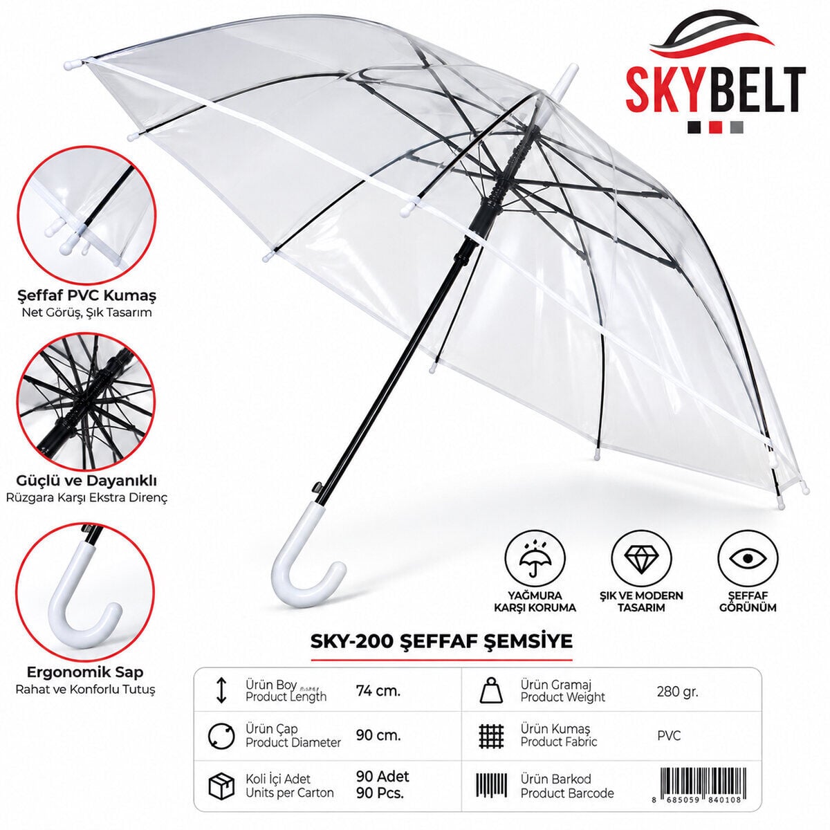 Skybelt Sky-200 8 Telli Şeffaf Şemsiye Fiberglass