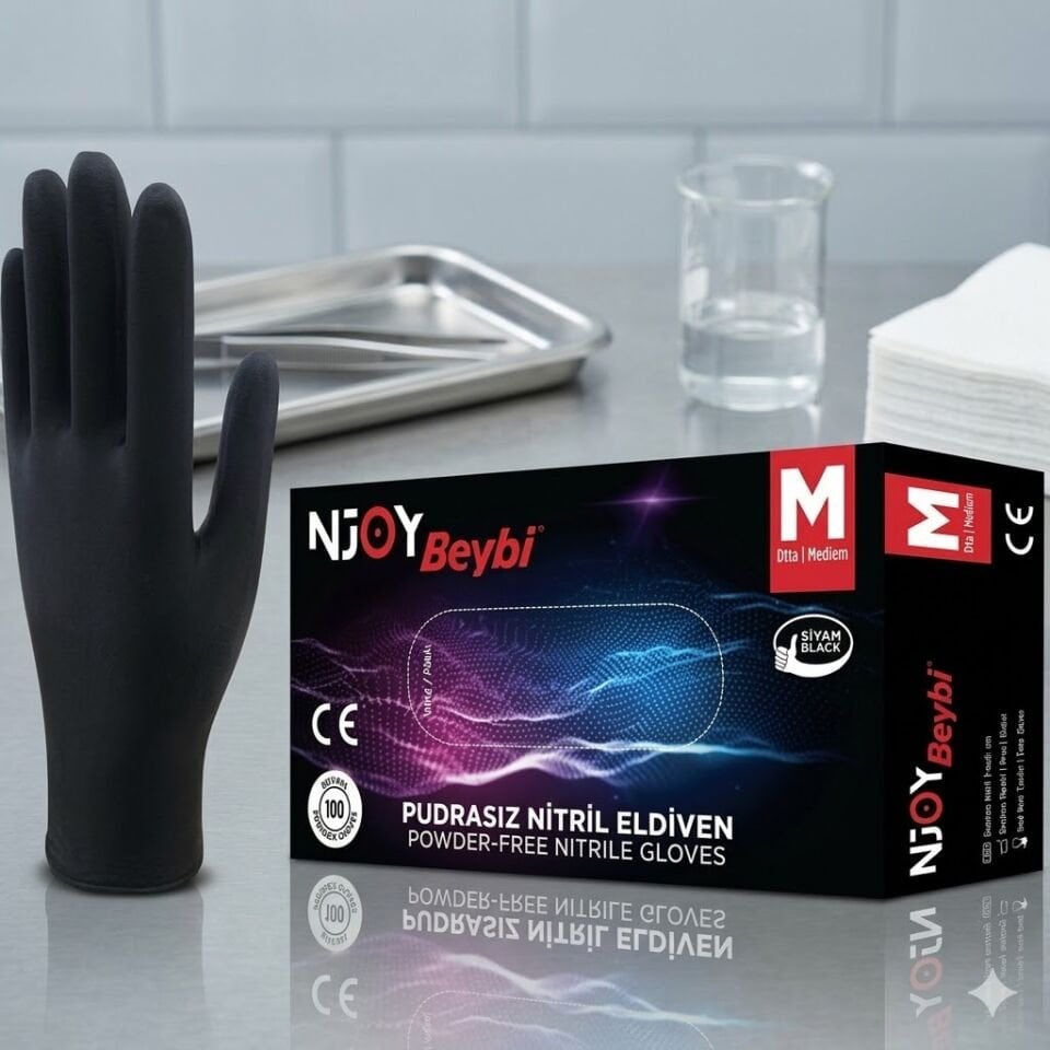 Beybi Siyah Nitril Eldiven Latex  M Beden 100 Lü