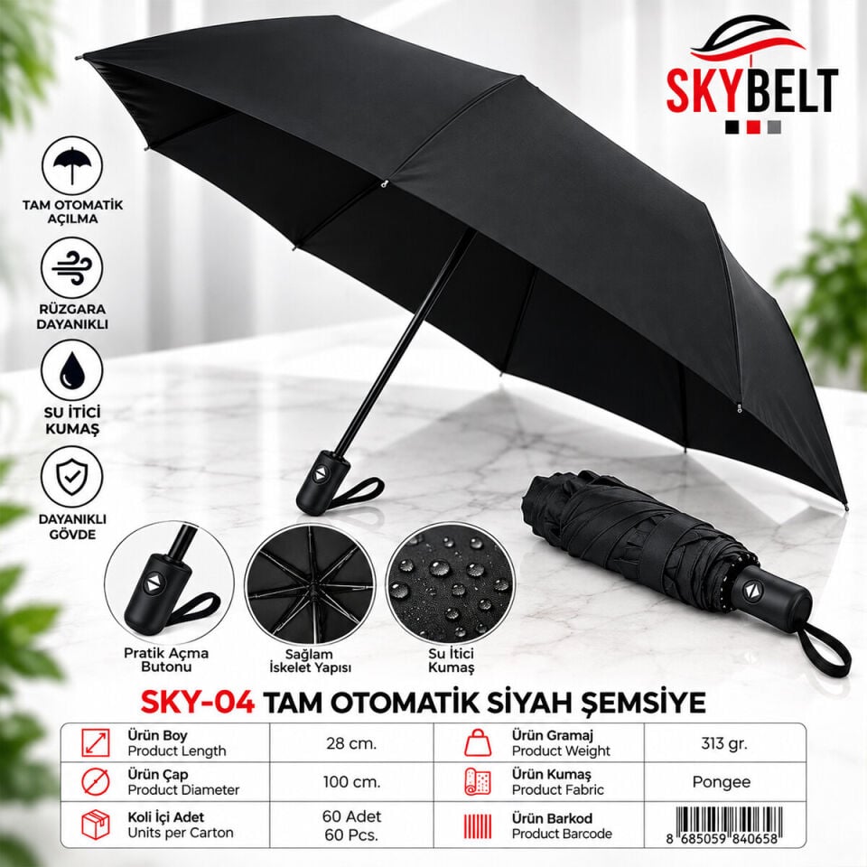 Skybelt Sky-04 Erkek Bay Tam Otomatik Şemsiye Siyah