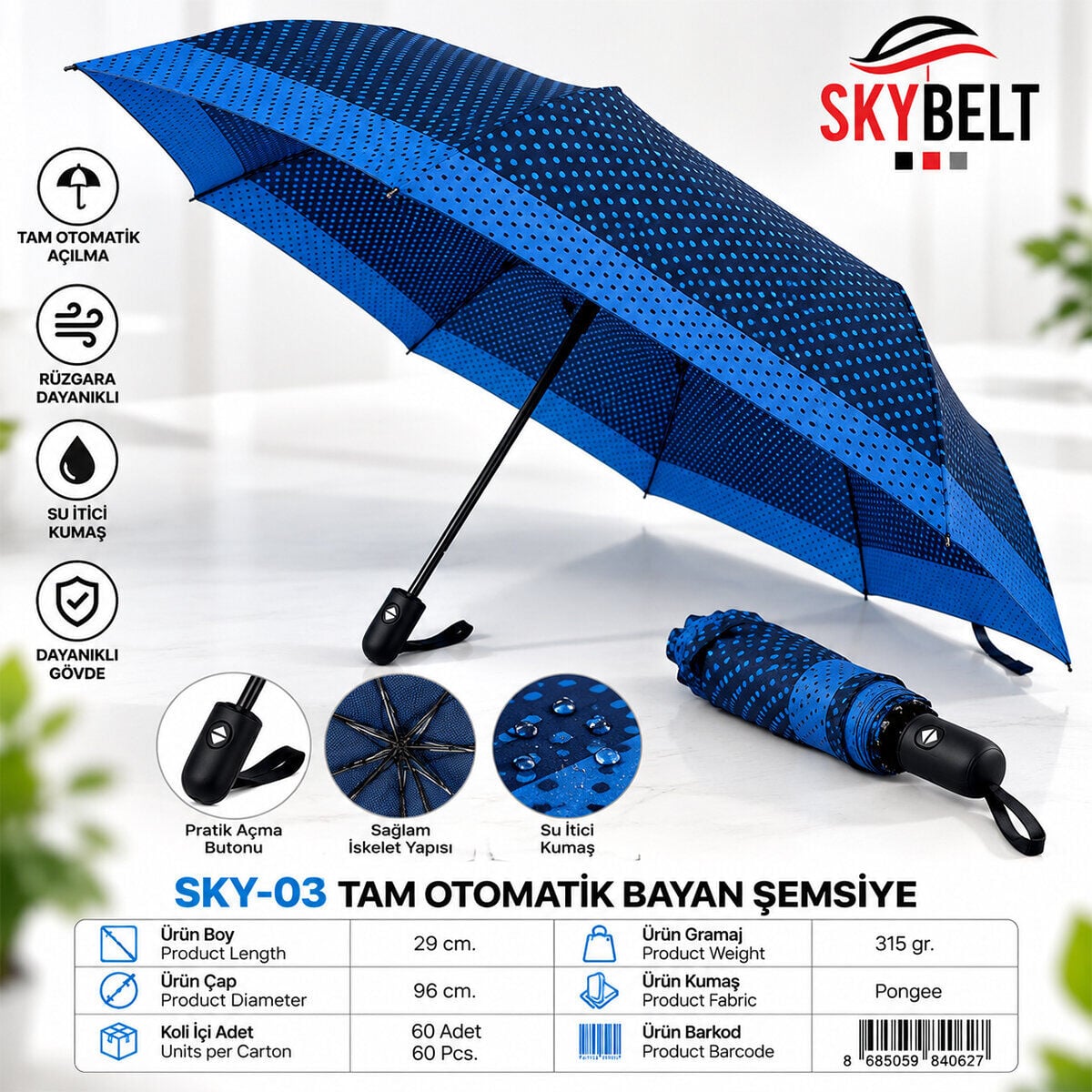 Skybelt Sky-03 8 Telli Bayan Tam Otomatik Şemsiye Renkli Desenli