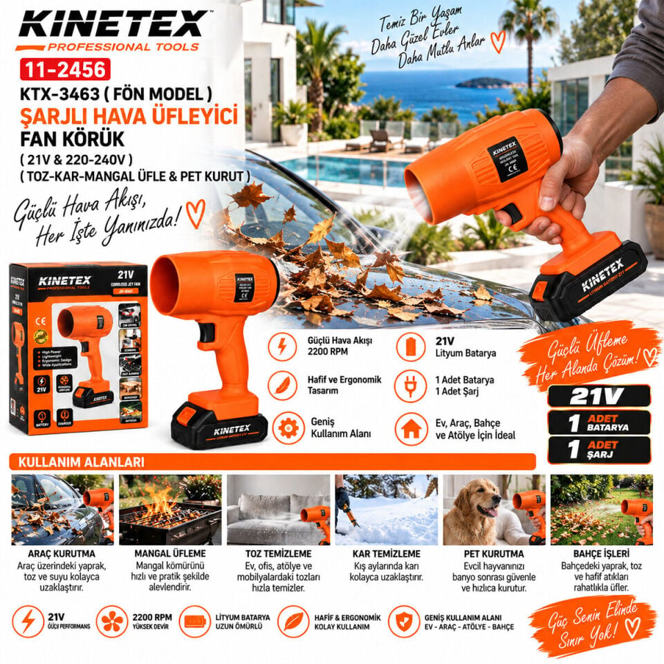 Kınetex Ktx-3463 Fön Model Şarjlı Hava Üfleyici Fan Körük 21 V