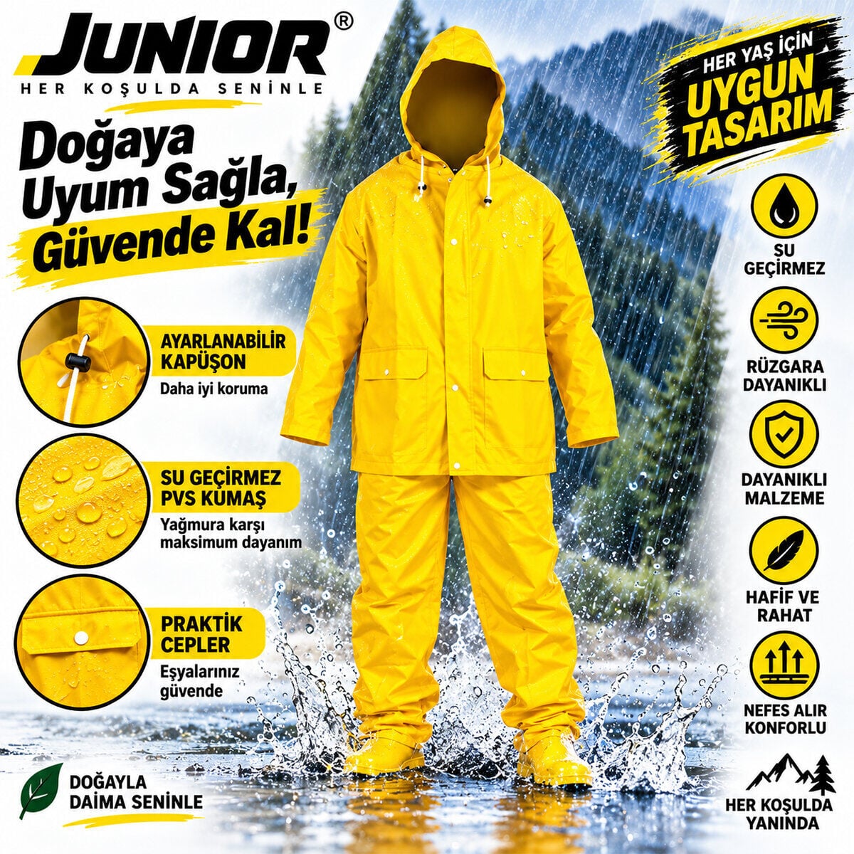 Junior Jn-0103 Sarı Yağmurluk Kapüşonlu Çıt Çıt Fermuar Takım