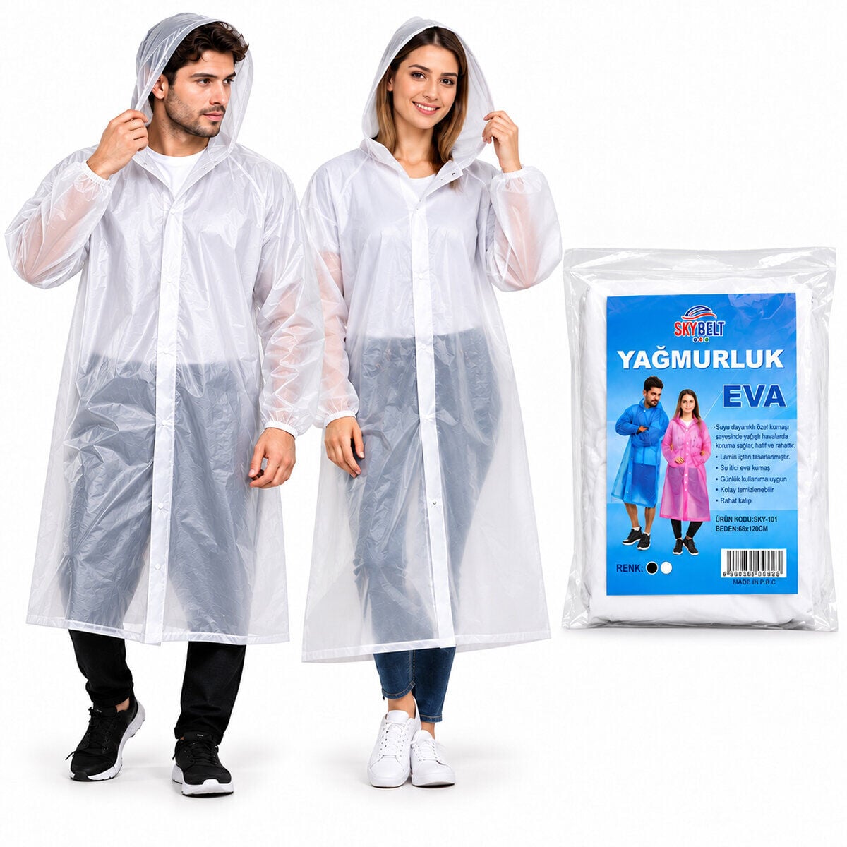 Skybelt Sky-101 Eva Beyaz Pardesü Yağmurluk Kapüşonlu Çıtçıtlı
