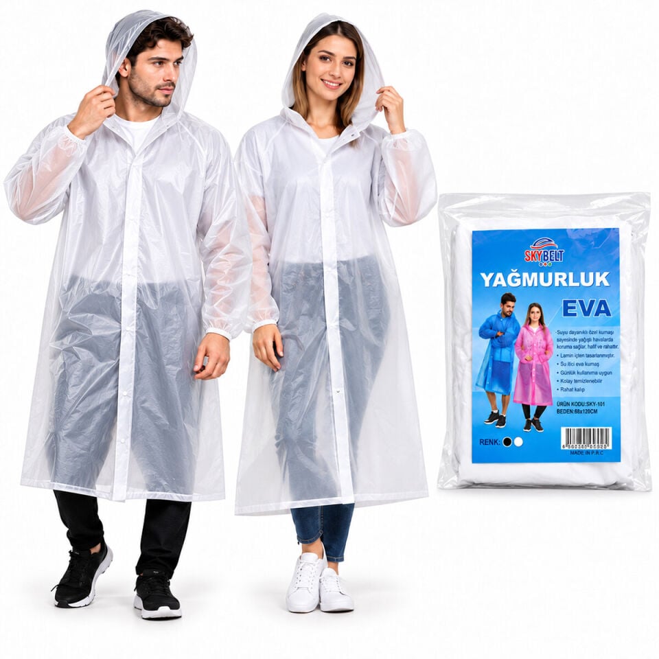 Skybelt Sky-101 Eva Beyaz Pardesü Yağmurluk Kapüşonlu Çıtçıtlı