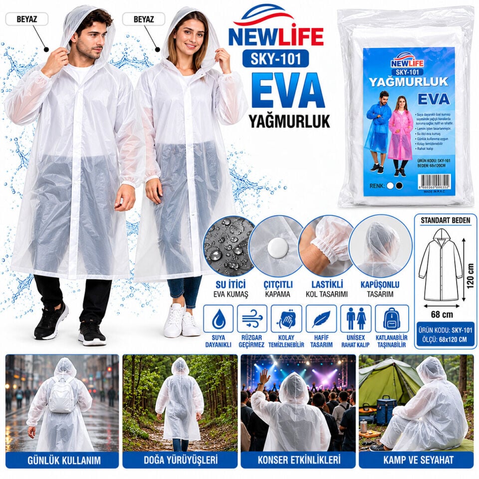 Skybelt Sky-101 Eva Beyaz Pardesü Yağmurluk Kapüşonlu Çıtçıtlı