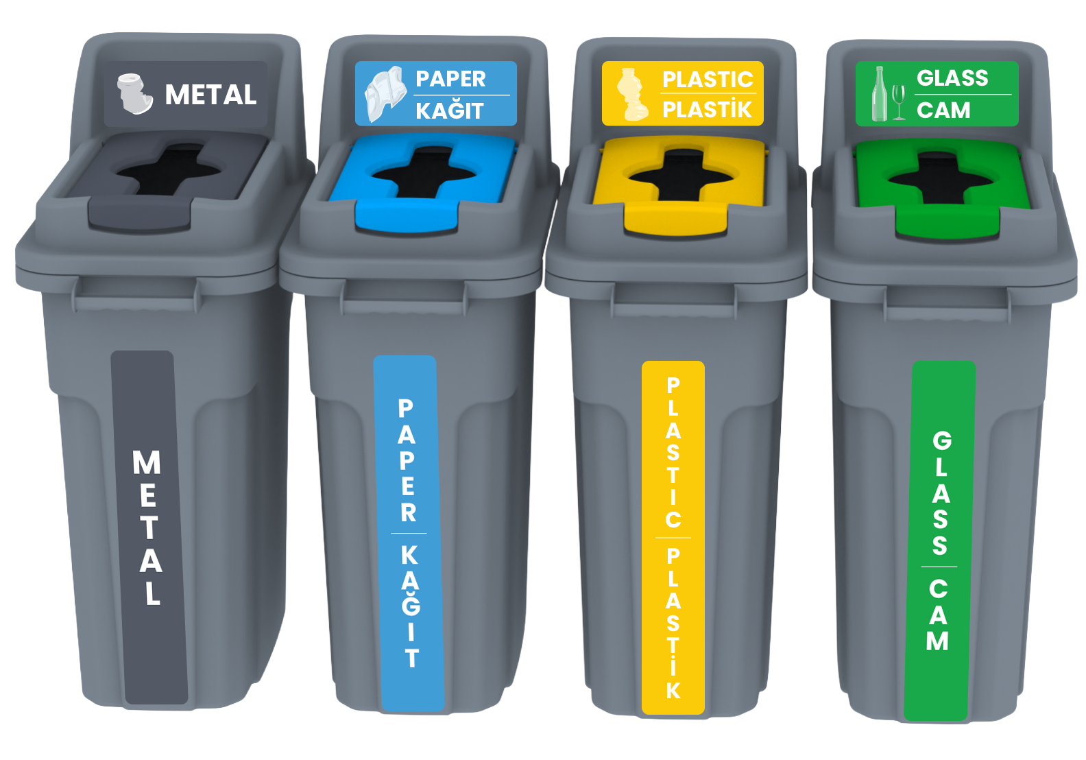 GERİ DÖNÜŞÜM KOVASI KİLİTLİ KAPAKLI SET 4*70 LT