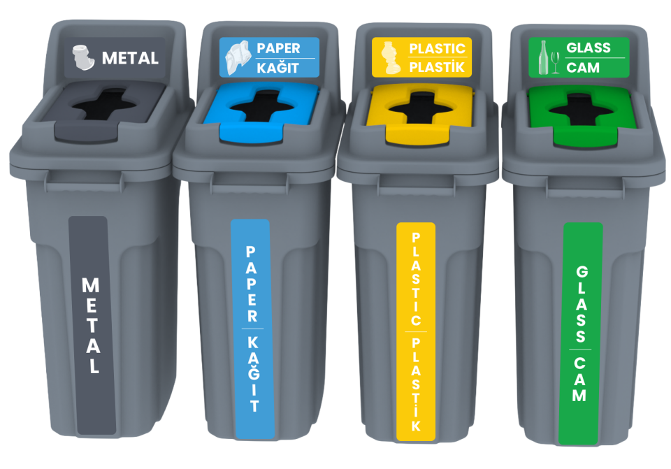 GERİ DÖNÜŞÜM KOVASI KİLİTLİ KAPAKLI SET 4*70 LT