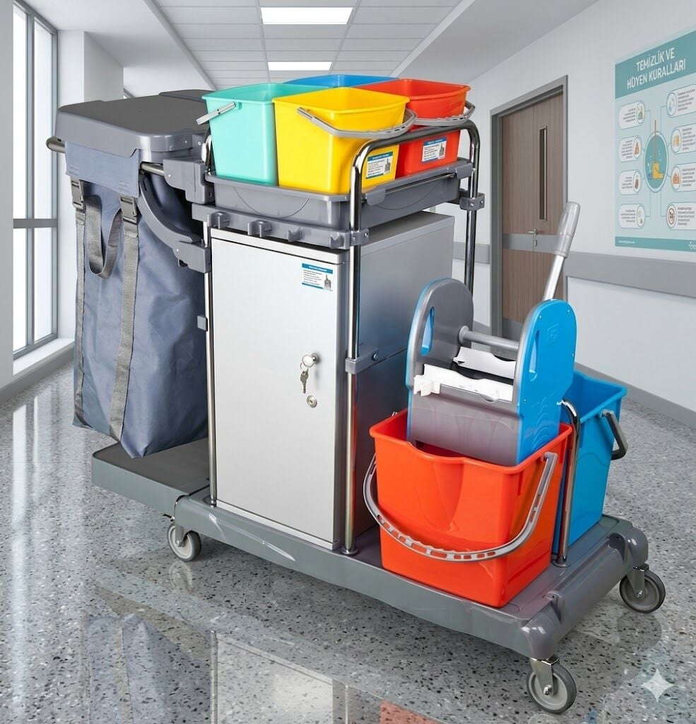 Smart Dolaplı Kat Arabası , 100 Lt Branda , 4X6 Lt Kova, 2X18 Lt Kova Krom 580X980X560