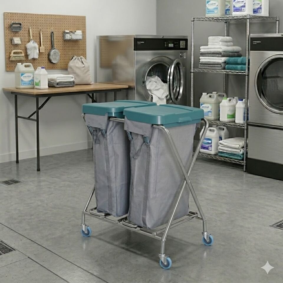 Çapraz Çöp Çamaşır Toplama Arabası , 2X100 Lt Branda Krom 800X1100X300