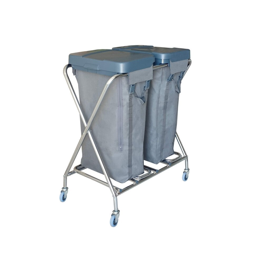 Çapraz Çöp Çamaşır Toplama Arabası 2X100 Lt Branda Krom