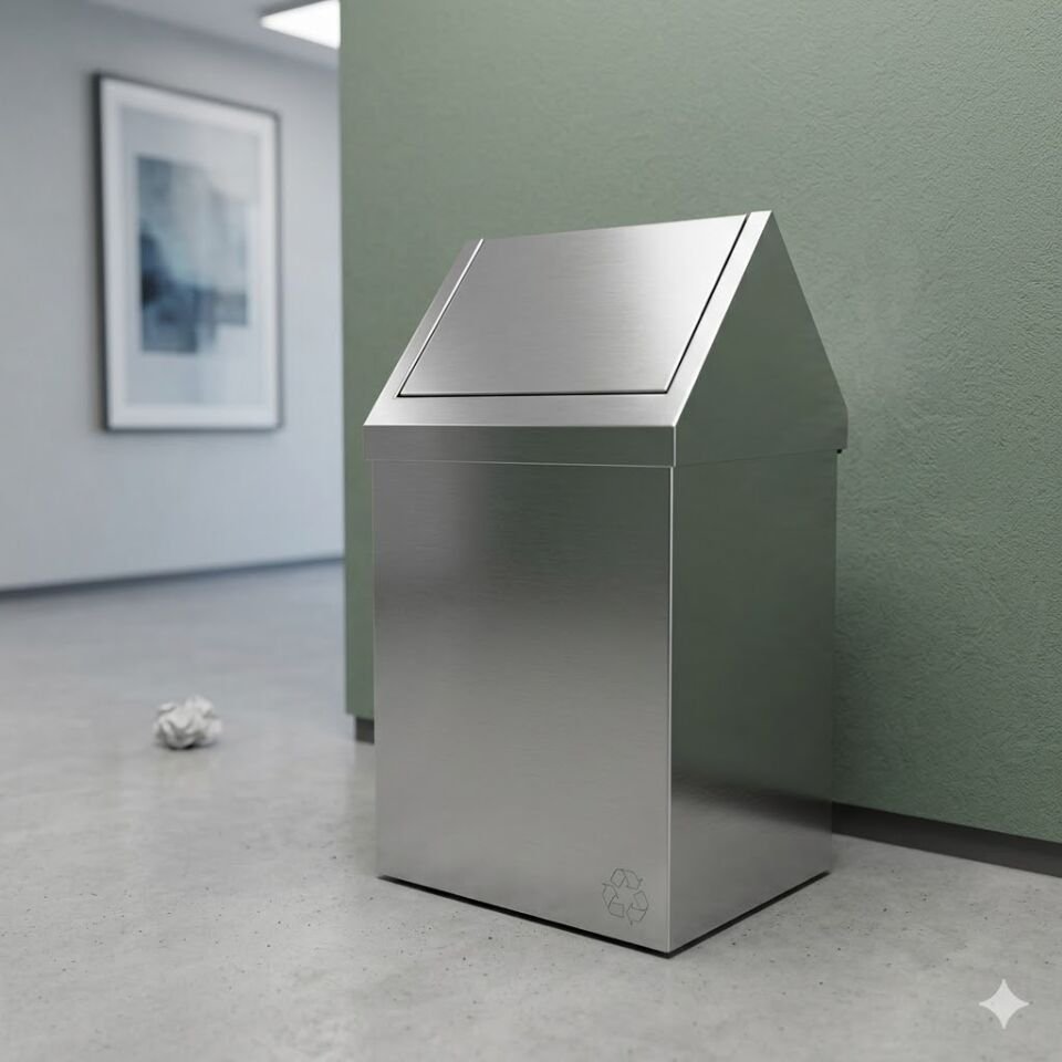 Krom Çatı Kapaklı Çöp Kovası 54 Lt