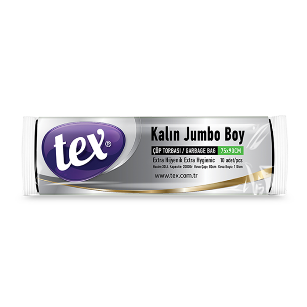 Tex Kalın Jumbo Boy Çöp Torbası Siyah 80X110 Cm Ruloda 10 Adet Kolide 20 Rulo 45 Mikron 380 Gram