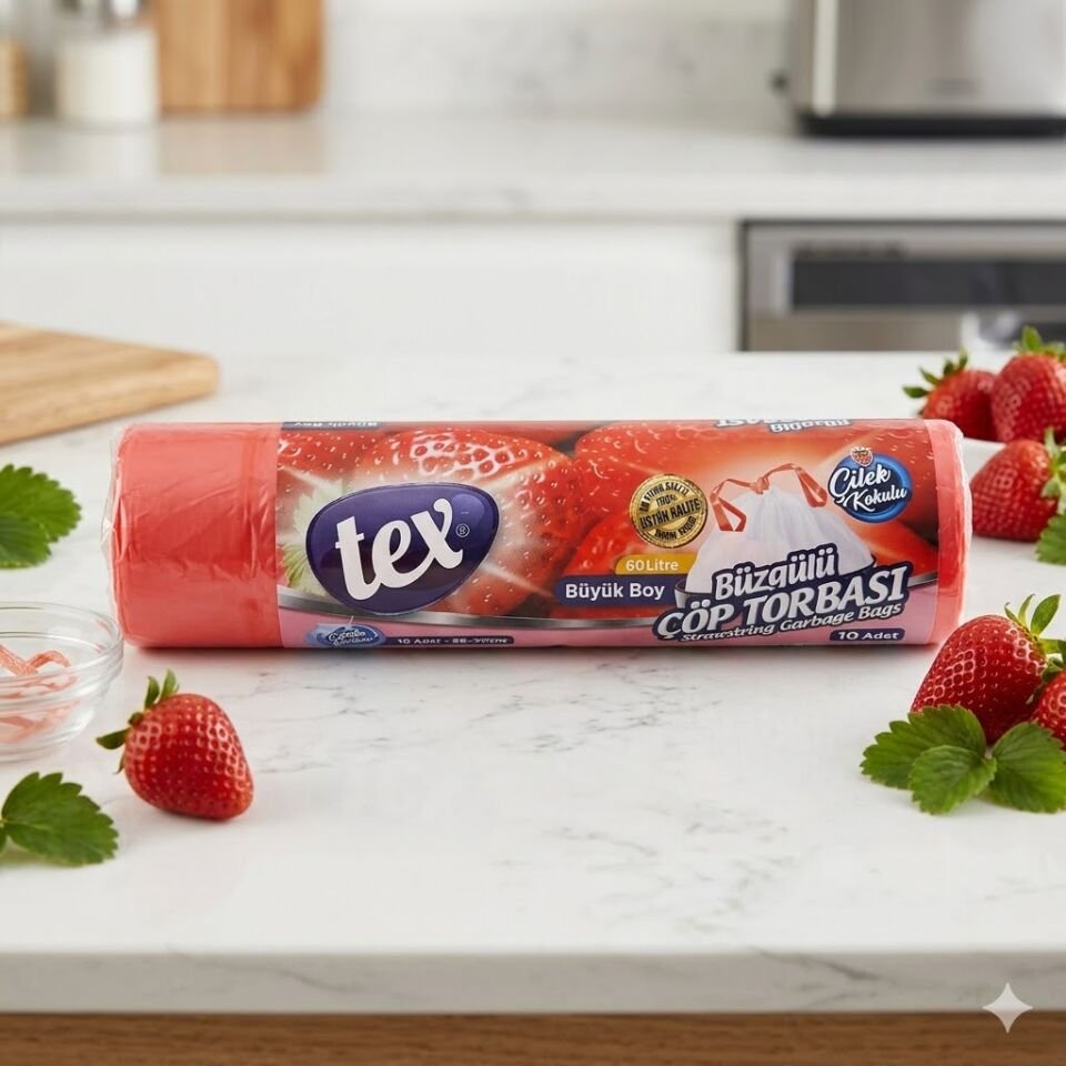 Tex Çöp Poşet Büzgülü Büyük Çilek Kokulu 65*70