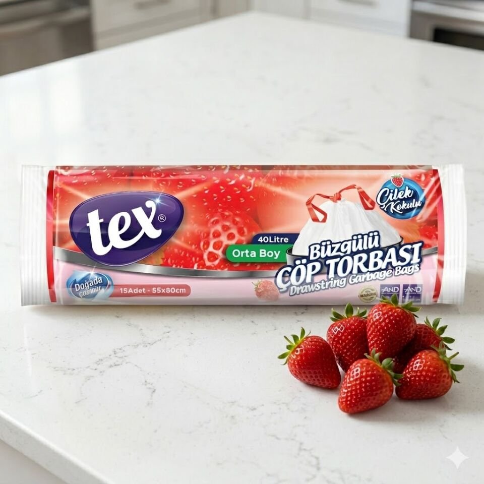 Tex Çöp Poşet Büzgülü Orta Çilek Kokulu 55*60