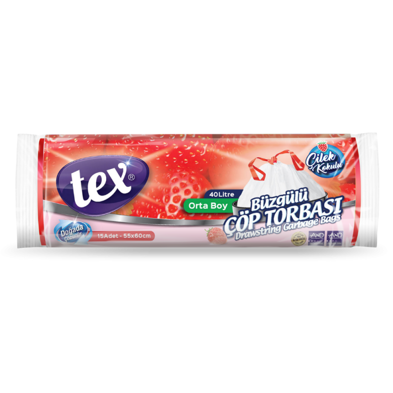 Tex Çöp Poşet Büzgülü Orta Çilek Kokulu 55*60