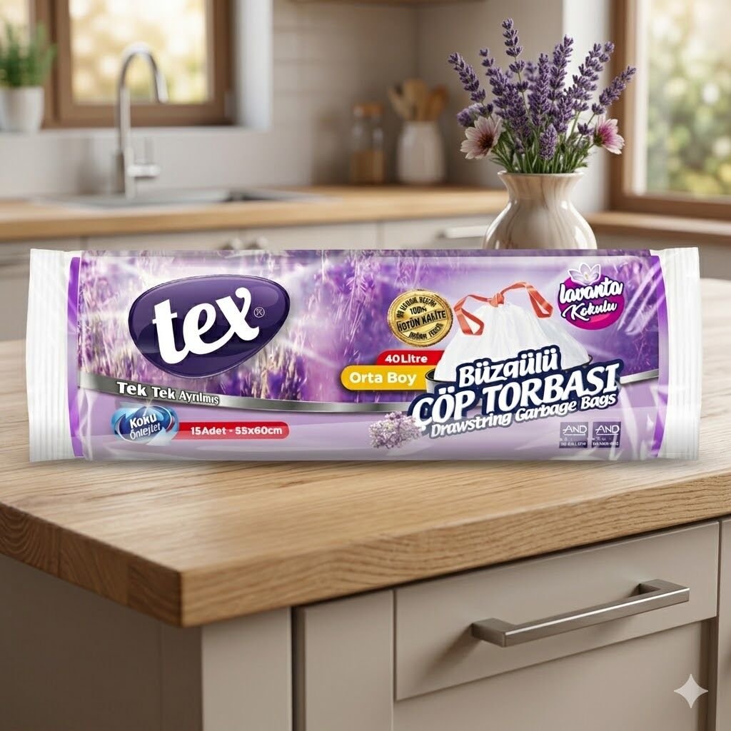 Tex Çöp Poşet Büzgülü Orta Lavanta Kokulu 55*60
