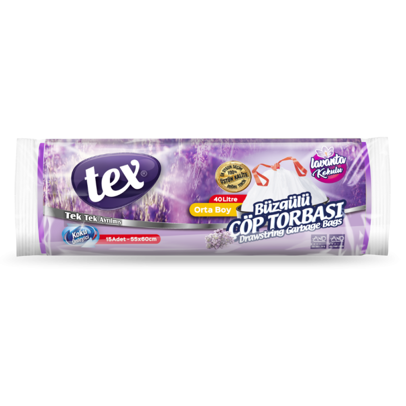 Tex Çöp Poşet Büzgülü Orta Lavanta Kokulu 55*60