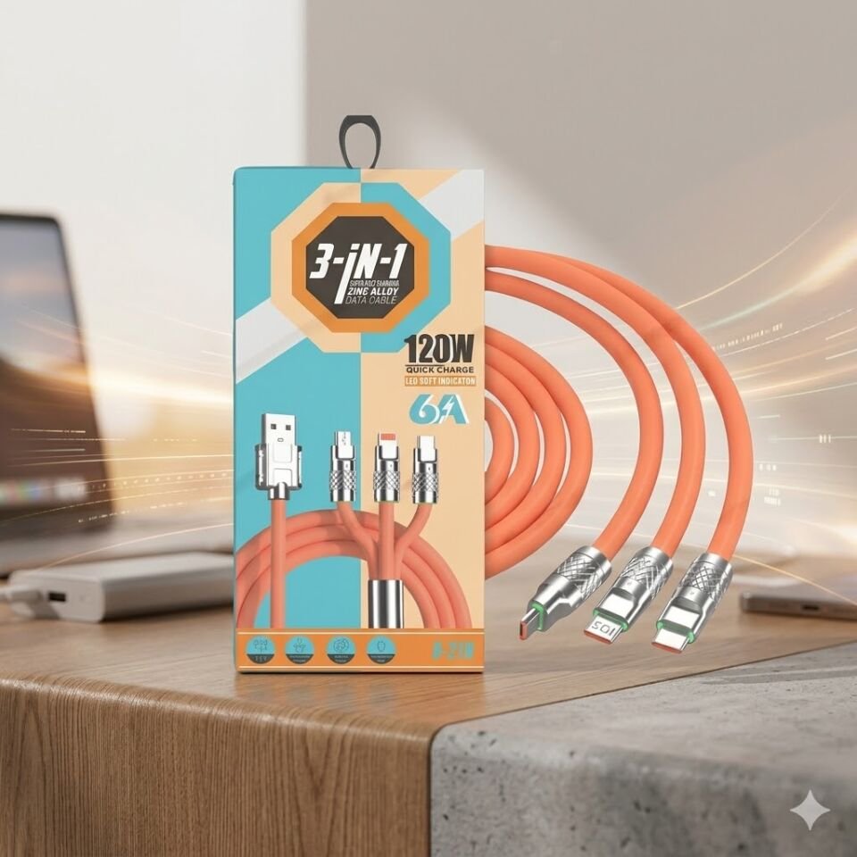 120 W 3 İn 1 6 Amper Şarj Kablosu 3 Başlıklı
