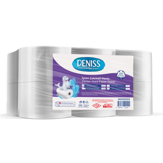 Deniss Eko İçten Çekmeli Havlu 2 Katlı 6 Rulo 2,5 Kg 182 Yaprak 41 Metre