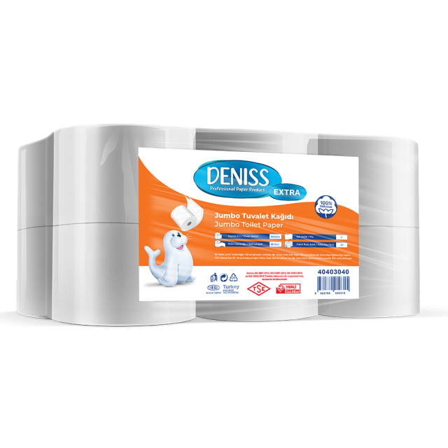Deniss Extra Jumbo Tuvalet Kağıdı 2 Kat 12 Rulo 4 Kg  409 Yaprak 92 Metre