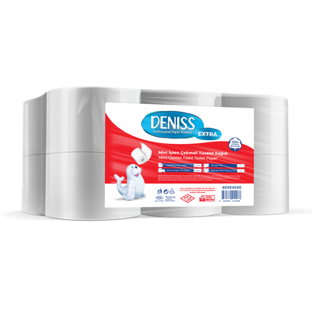 Deniss Extra Mini İçten Çekmeli Tuvalet Kağıdı 2 Katlı 12 Rulo ( 4 Kg - 360 Yaprak - 81 Metre )