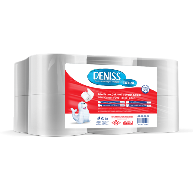 Deniss Extra Mini İçten Çekmeli Tuvalet Kağıdı 2 Katlı 12 Rulo ( 4 Kg - 360 Yaprak - 81 Metre )