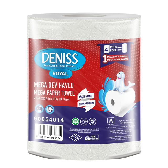 Deniss Mega Dev Havlu 2 Katlı 6 Rulo 2,7 Kg 200 Yaprak 45 Metre
