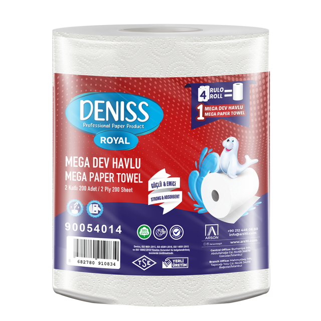 Deniss Mega Dev Havlu 2 Katlı 6 Rulo 2,7 Kg 200 Yaprak 45 Metre