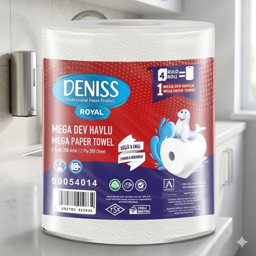 Deniss Mega Dev Havlu 2 Katlı 6 Rulo 2,7 Kg 200 Yaprak 45 Metre