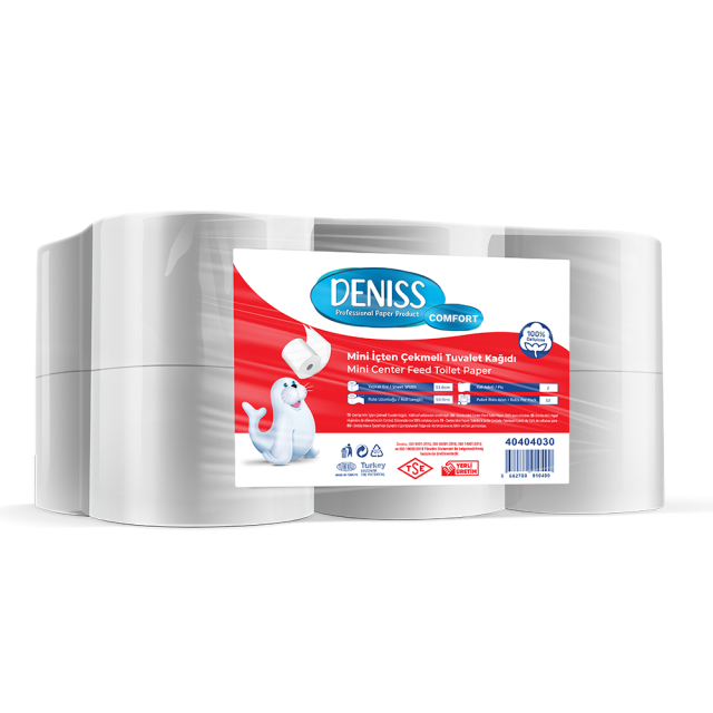 Deniss Standart Mini İçten Çekmeli Tuvalet Kağıdı 2 Katlı 12 Rulo ( 3 Kg - 262 Yaprak - 59 Metre )