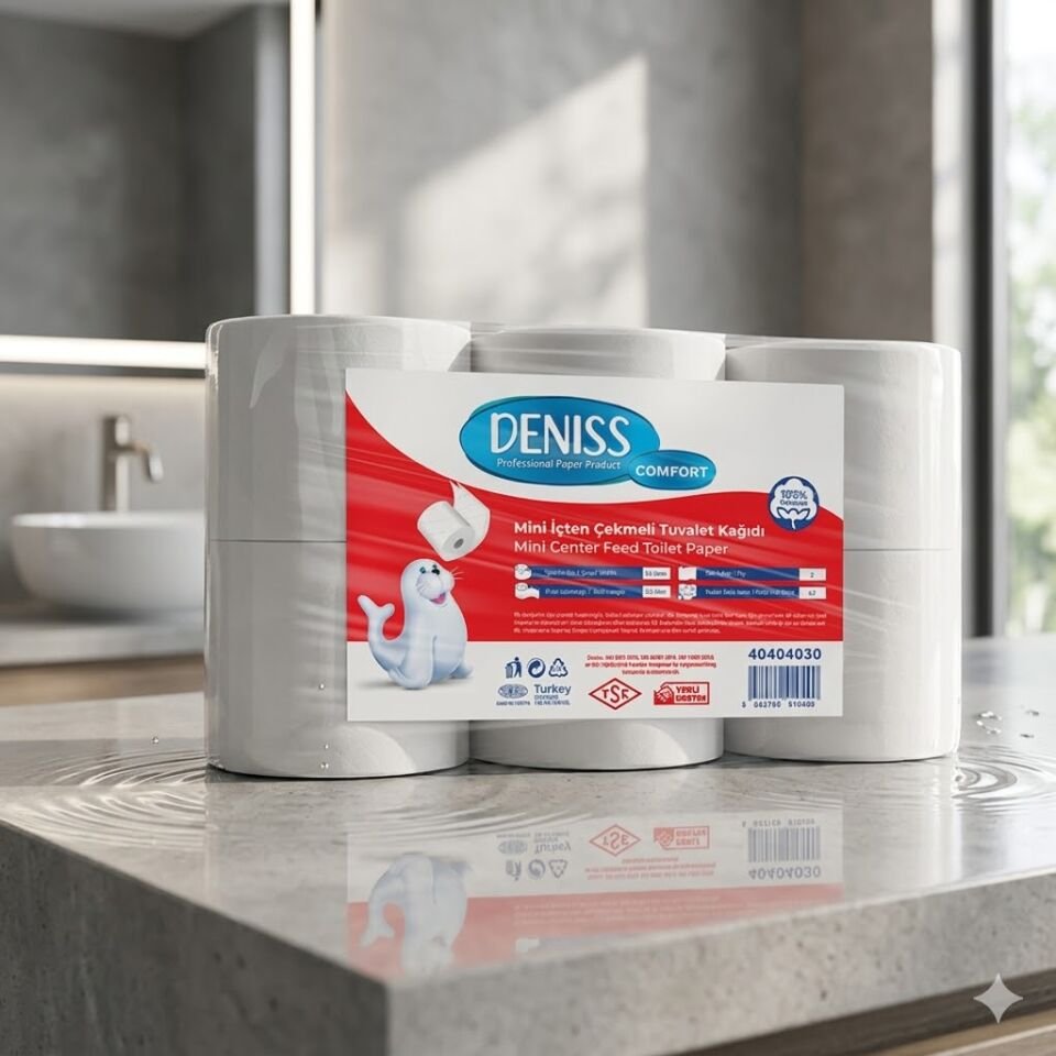 Deniss Standart Mini İçten Çekmeli Tuvalet Kağıdı 2 Katlı 12 Rulo ( 3 Kg - 262 Yaprak - 59 Metre )