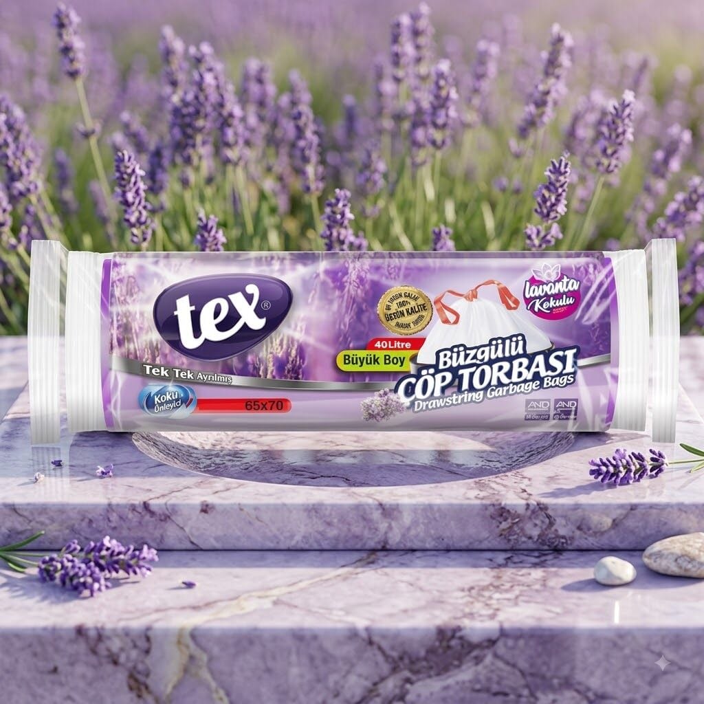 Tex Çöp Poşet Büzgülü Büyük Lavanta Kokulu 65*70 25 Rulo