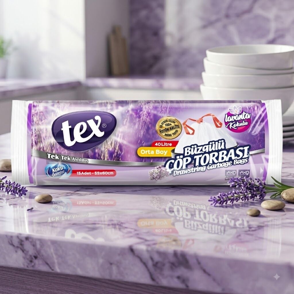 Tex Çöp Poşet Büzgülü Orta Lavanta Kokulu 55*60 25 Rulo