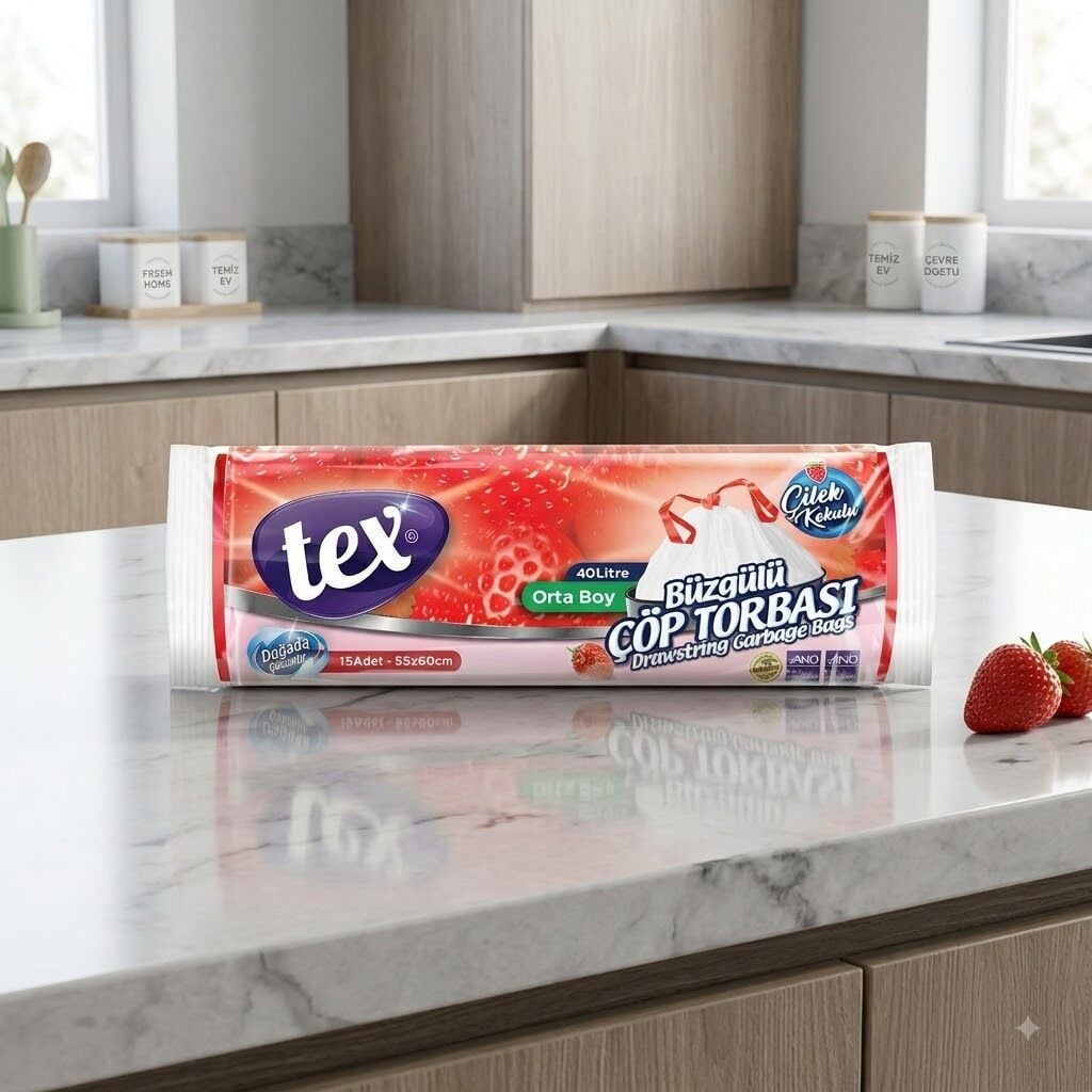 Tex Çöp Poşet Büzgülü Orta Çilek Kokulu 55*60 25 Rulo