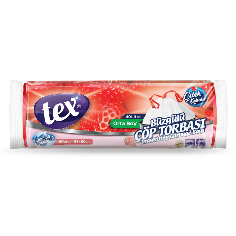 Tex Çöp Poşet Büzgülü Orta Çilek Kokulu 55*60 25 Rulo
