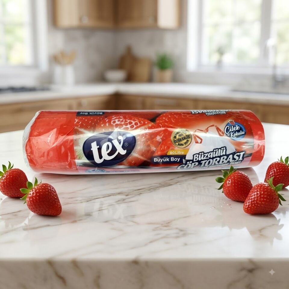 Tex Çöp Poşet Büzgülü Büyük Çilek Kokulu 65*70 25 Rulo