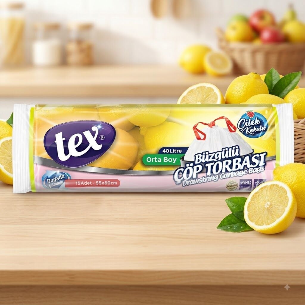 Tex Çöp Poşeti Büzgülü Orta Limon Kokulu 55*60 25 Rulo
