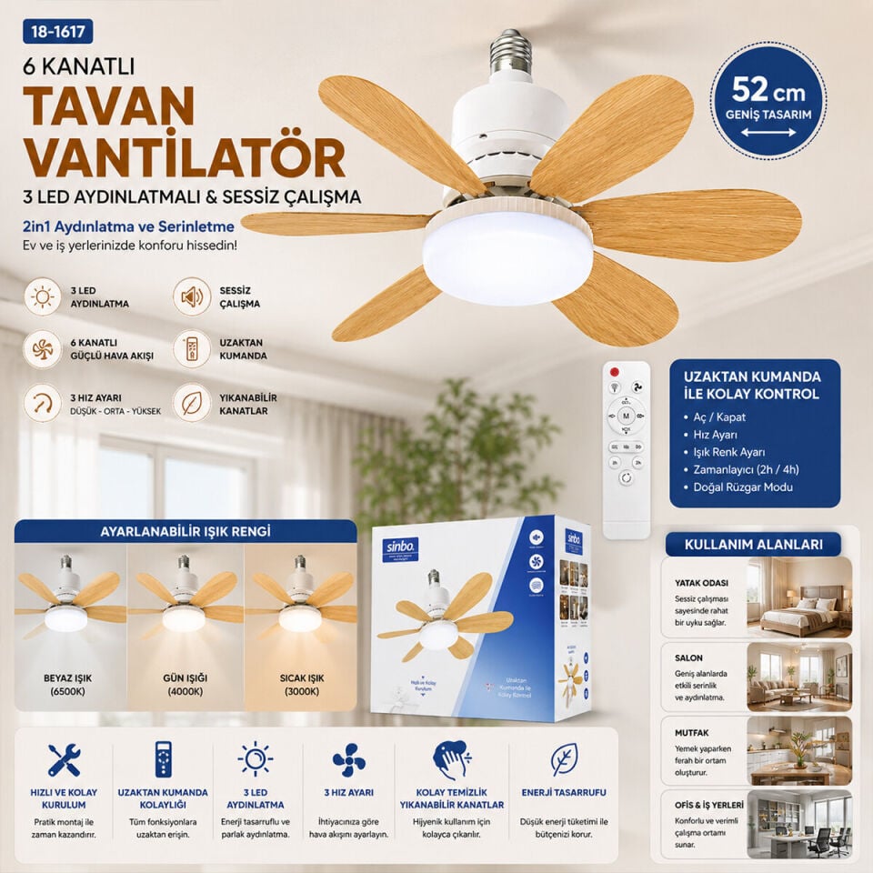 Sinbo Sf-7708 Tavan Vantilatör Avize Lamba Ahşap Görünümlü