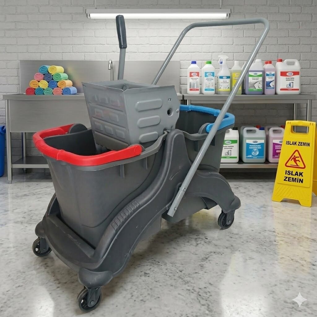 Tetra Çift Kovalı Temizlik Seti Metal Presli Kovalı Sepetsiz Plastik Tekerli 2X25 Lt