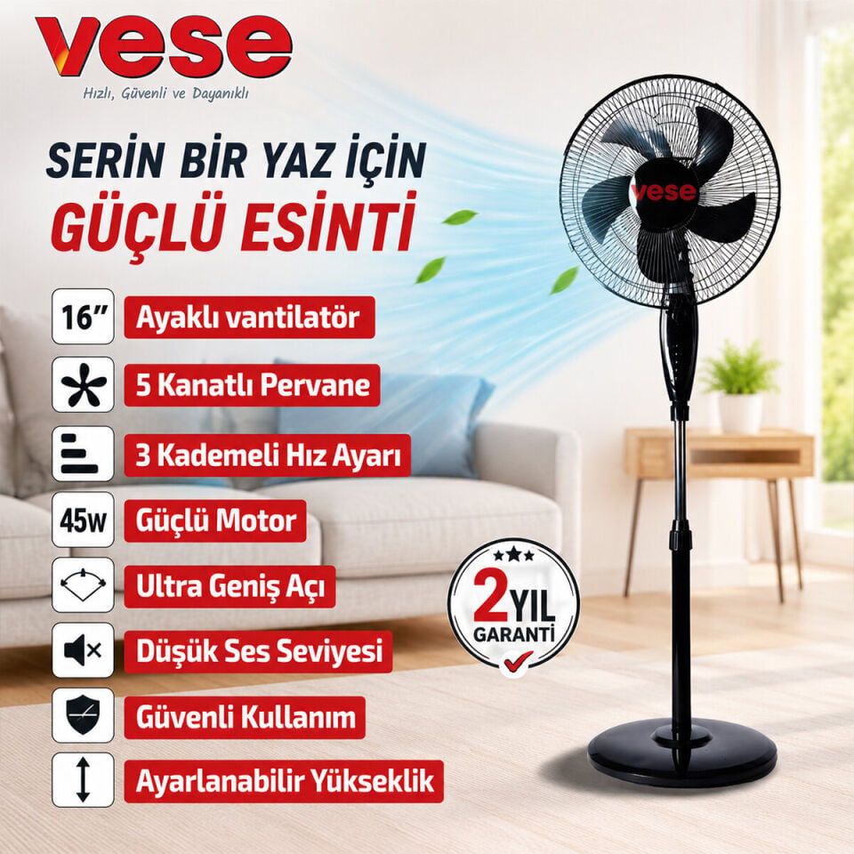 Vese Vnt-004 16 İnç Ev Tipi Ayaklı Vantilatör 45 W