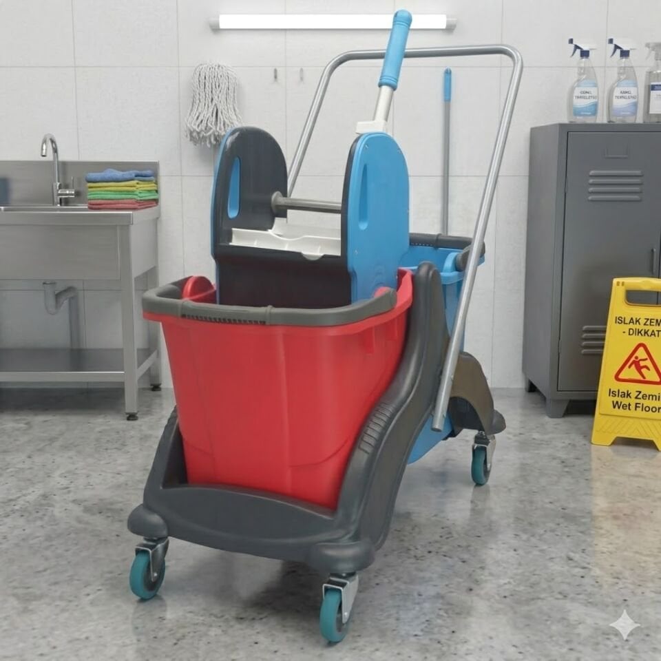 Mimoza Plastik Set Temizlik Arabası Mimoza Plastik Presli (Mpp793)  Mimoza Kovalı (Sk800), Sepetsiz, Metal Tekerlekli 2X25 Lt