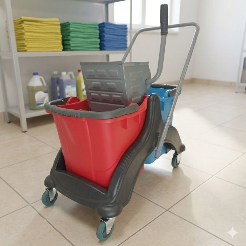 Mimoza Plastik Set Temizlik Arabası Metal Presli Mimoza Kovalı Sepetsiz Metal Tekerlekli 2X25 Lt