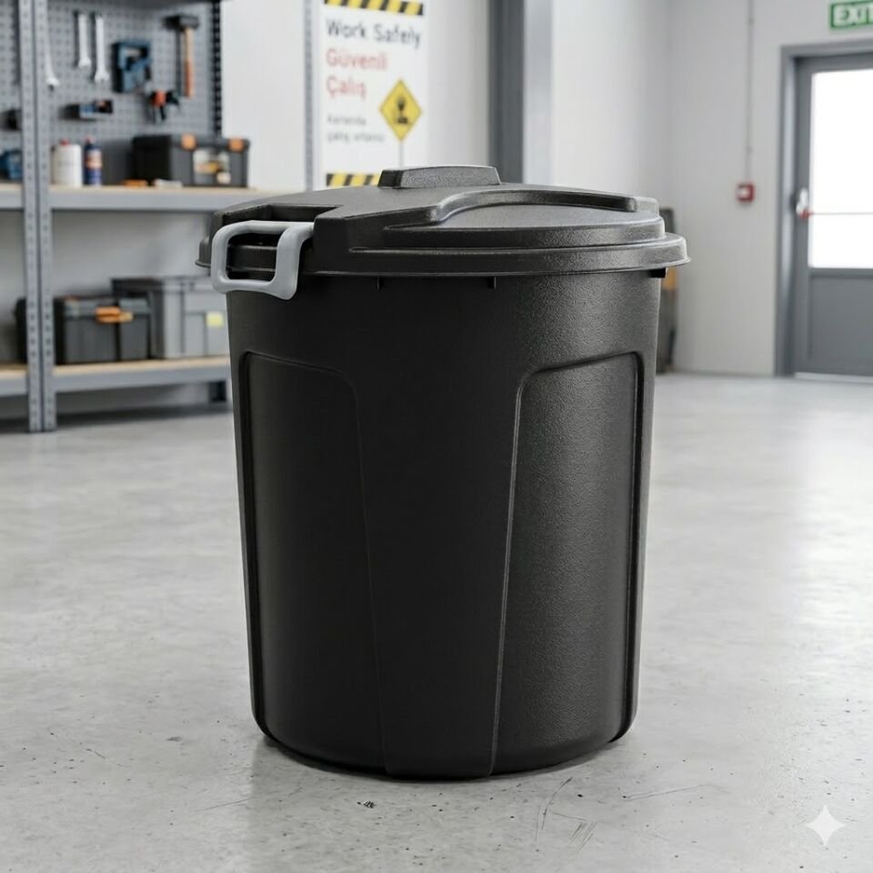 Kilitlenebilir Kapaklı Yuvarlak Çöp Kovası 50 Lt. Siyah