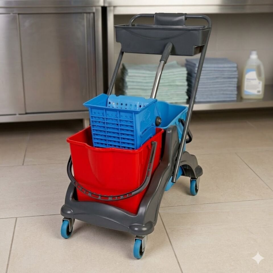 Karizma Plastik Set Temizlik Arabası Karizma Plastik Presli Karizma Kovalı Set Üst Sepeti Bilyalı Metal Tekerlekli 2X18 Lt