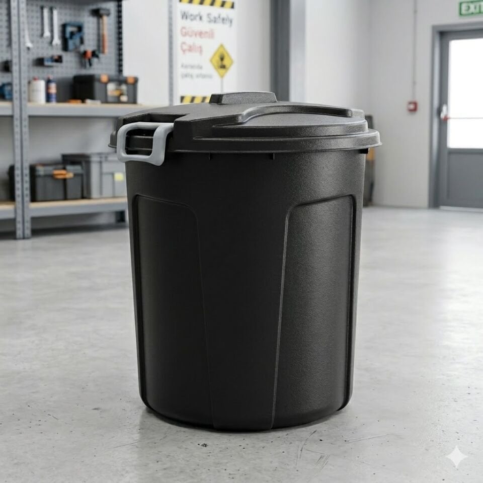 Kilitlenebilir Kapaklı Yuvarlak Çöp Kovası 70 Lt. Siyah