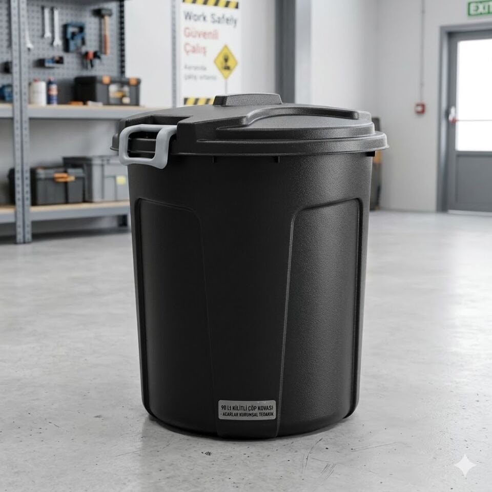 Kilitlenebilir Kapaklı Yuvarlak Çöp Kovası 90 Lt. Siyah