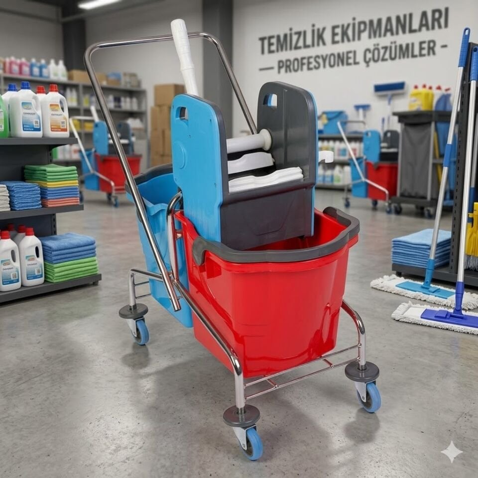 Krom Taşıyıcı Temizlik Arabası Herkül Plastik Pres Herkül Kovalı Sepetsiz Bilyalı Metal Tekerlekli 2X25 Lt