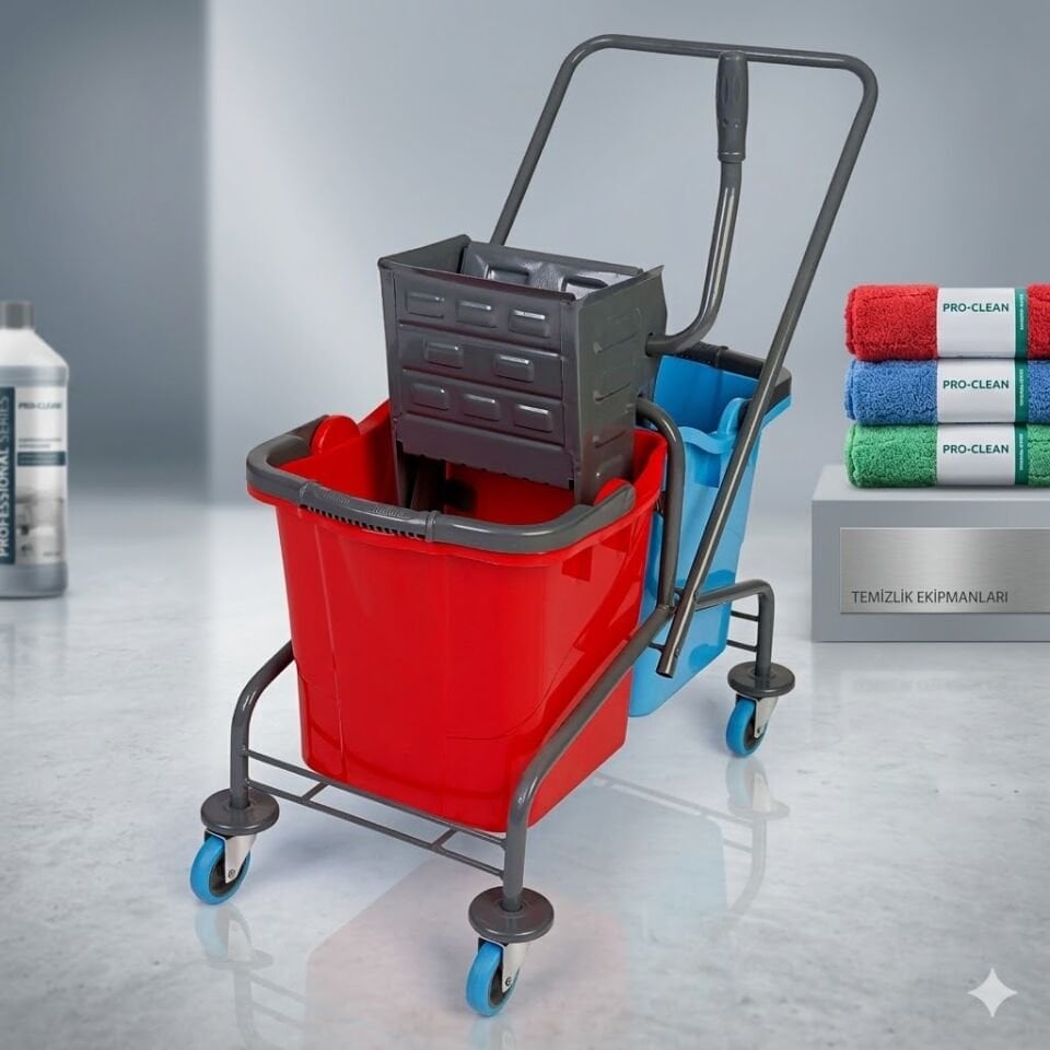 Metal Boyalı Metal Presli Temizlik Arabası Mimoza Kovalı Sepetsiz Bilyalı Metal Tekerlekli 2X25 Lt